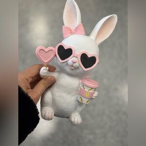 Pink and White Bunny Figurine with Heart Glasses